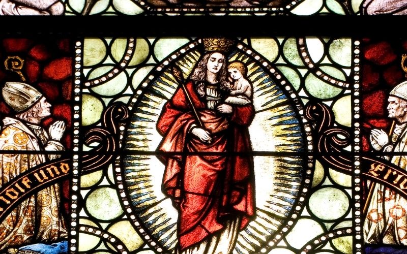 stained glass window with Mary mother of Jesus